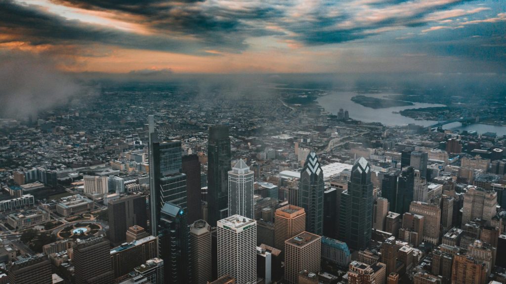 Aerial view of steel high residential and office buildings in financial district of Philadelphia